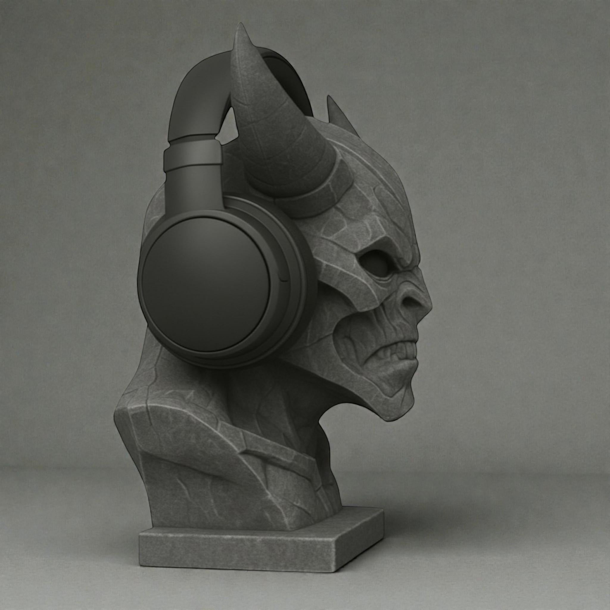 Happy3dWorld gray 3D printed cyberpunk demon bust headphone stand holding black over-ear gaming headset
