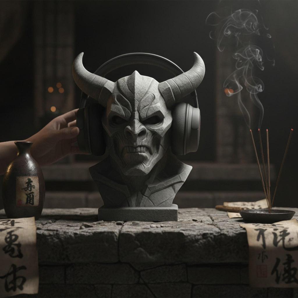 Happy3dWorld gray cyberpunk demon bust headphone stand holding over-ear gaming headset on a stone desk