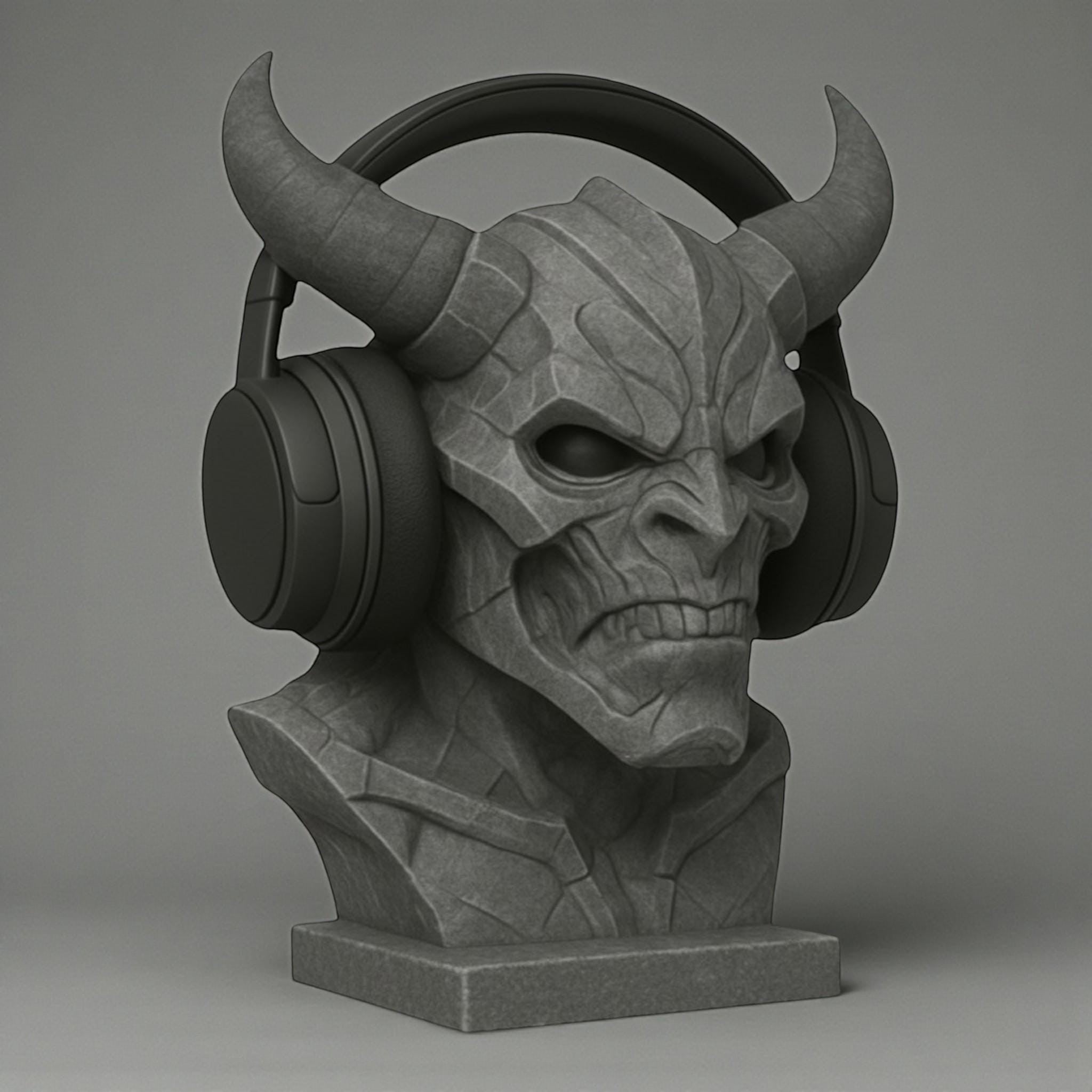 Happy3dWorld matte gray 3D printed cyber demon bust headphone stand holding over-ear gaming headset