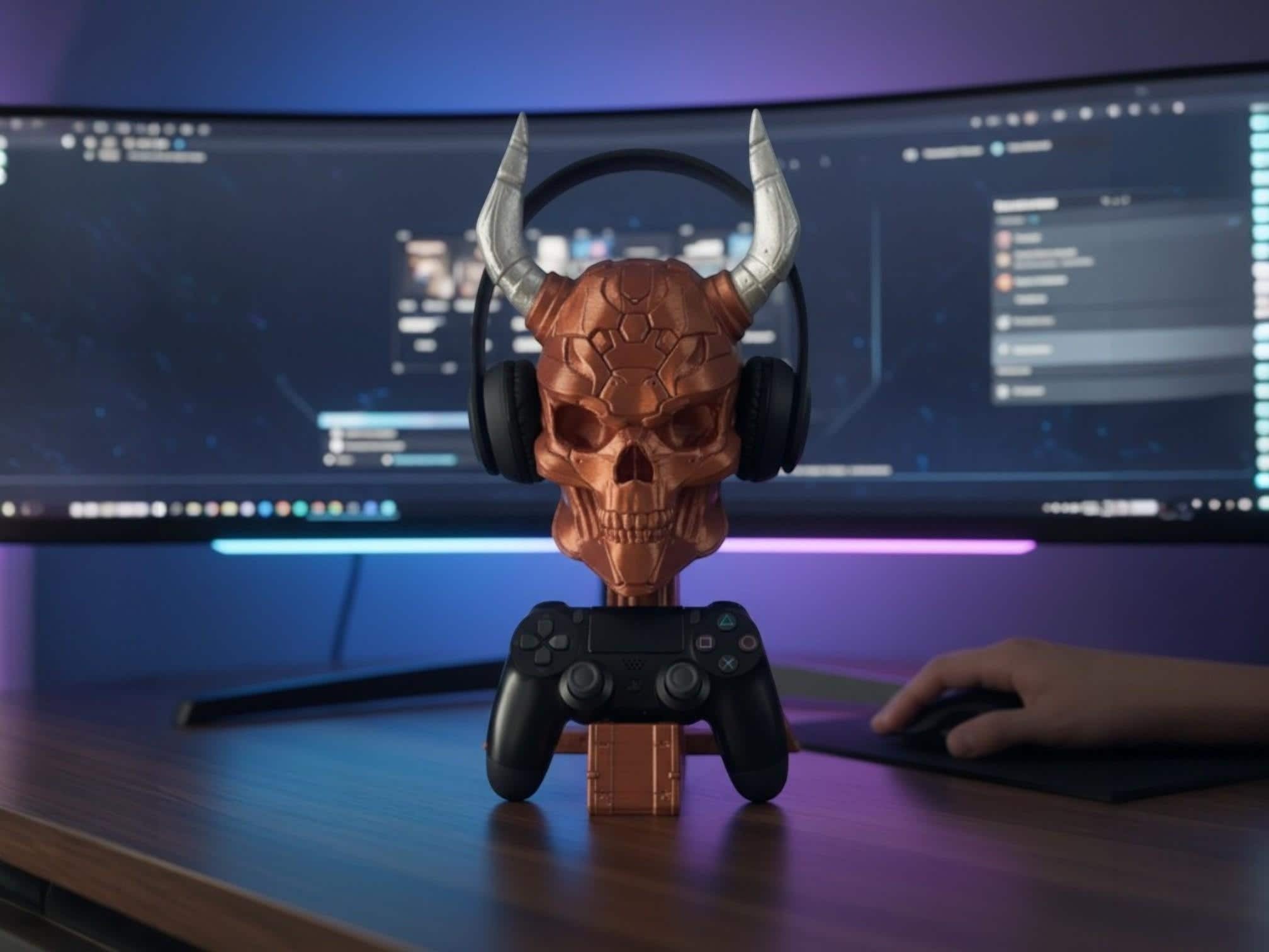 Happy3dWorld cyberpunk skull headset and controller stand with metallic copper finish on a gaming desk