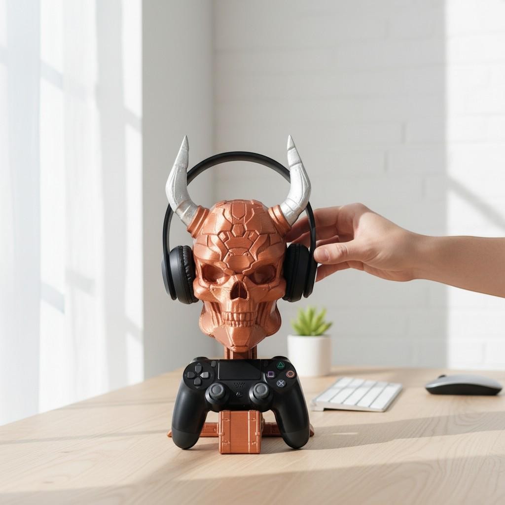 Happy3dWorld copper cyberpunk skull headset and controller stand holding gaming gear on a wooden desk