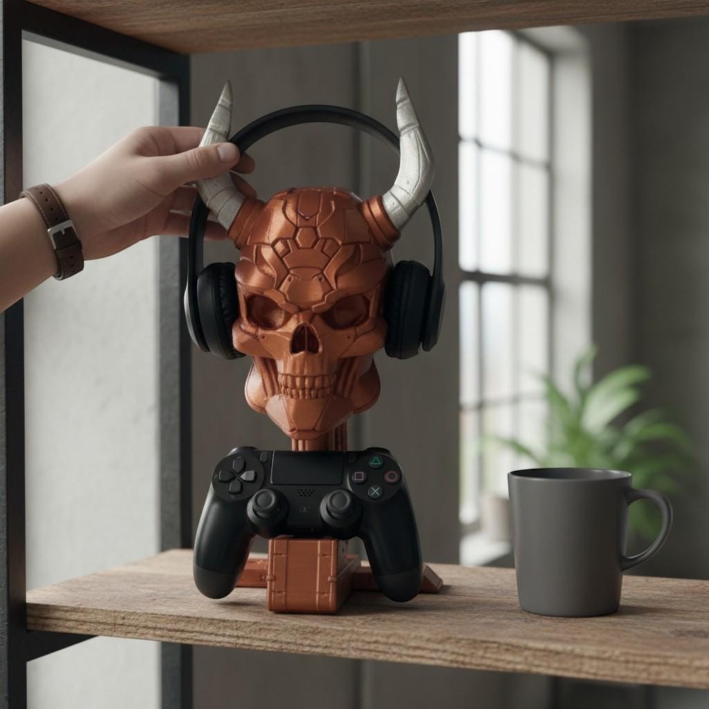 Happy3dWorld copper cyberpunk skull headset and controller stand holding gaming gear on a wooden desk