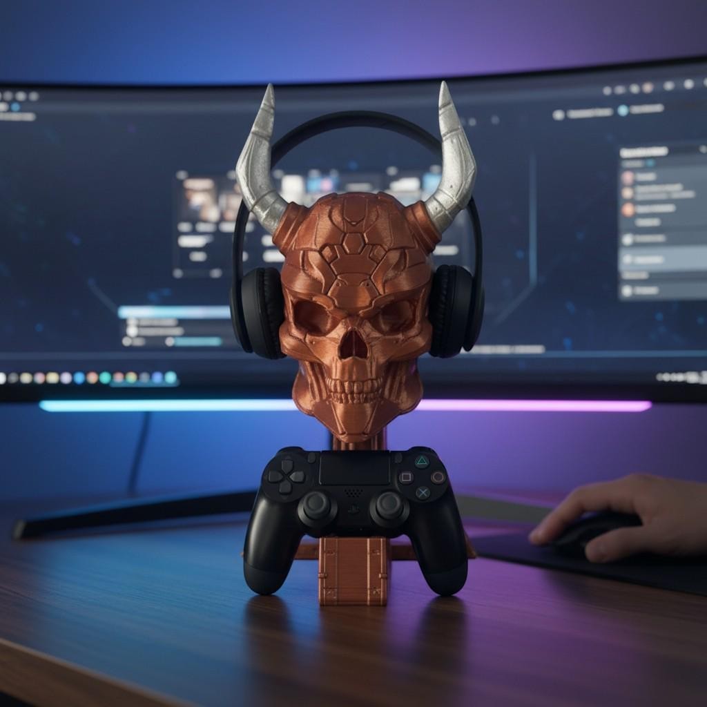 Happy3dWorld cyberpunk skull headset and controller stand with metallic copper finish and silver horns on a desk.