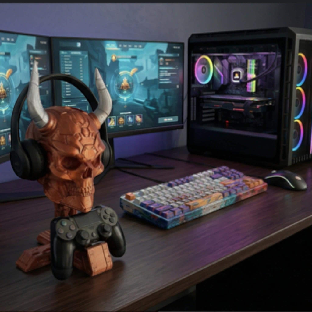 Happy3dWorld copper cyberpunk skull headset and controller stand on a gaming desk with PC setup