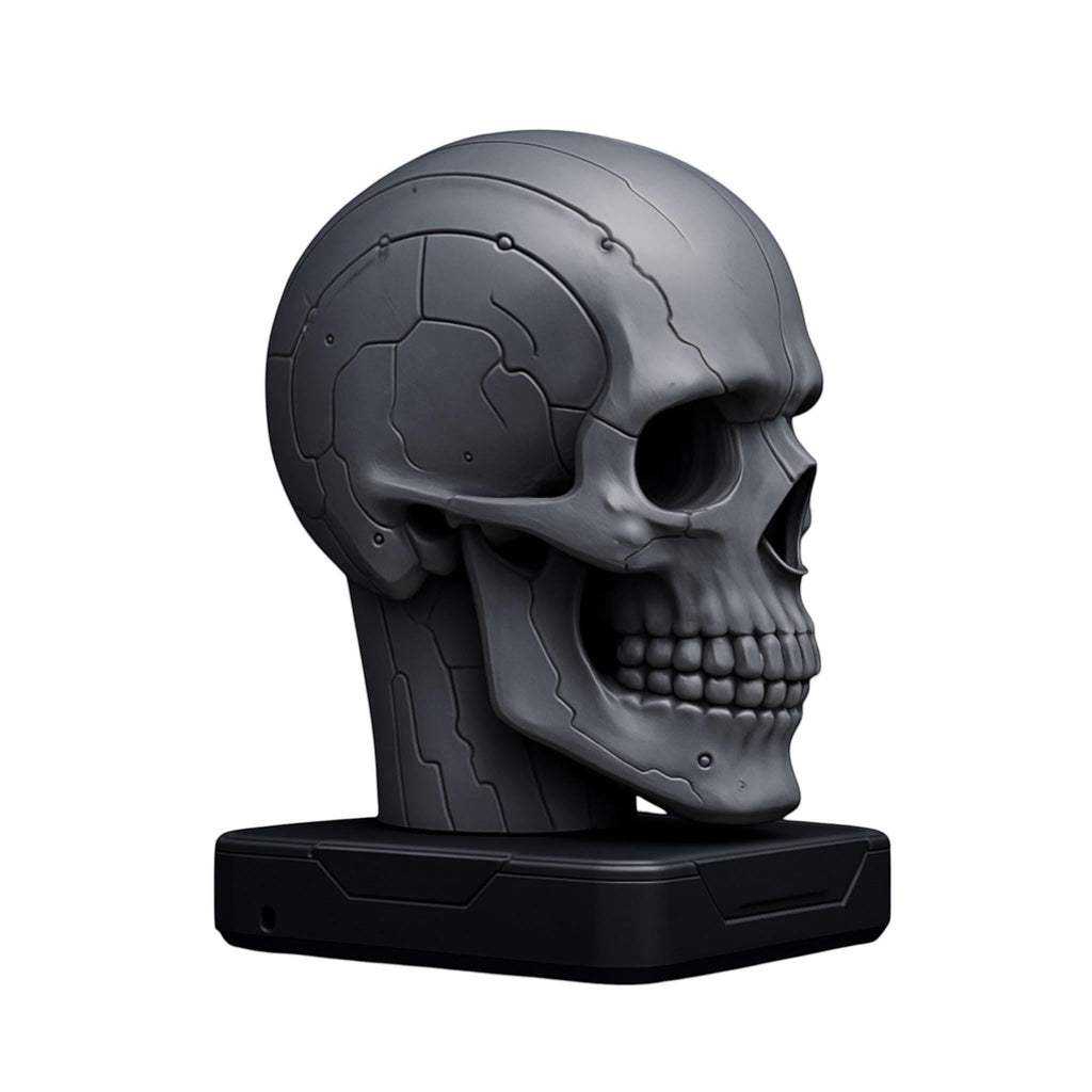 Happy3dWorld matte silver cybernetic skull headphone stand with engraved circuit patterns on a weighted black base.