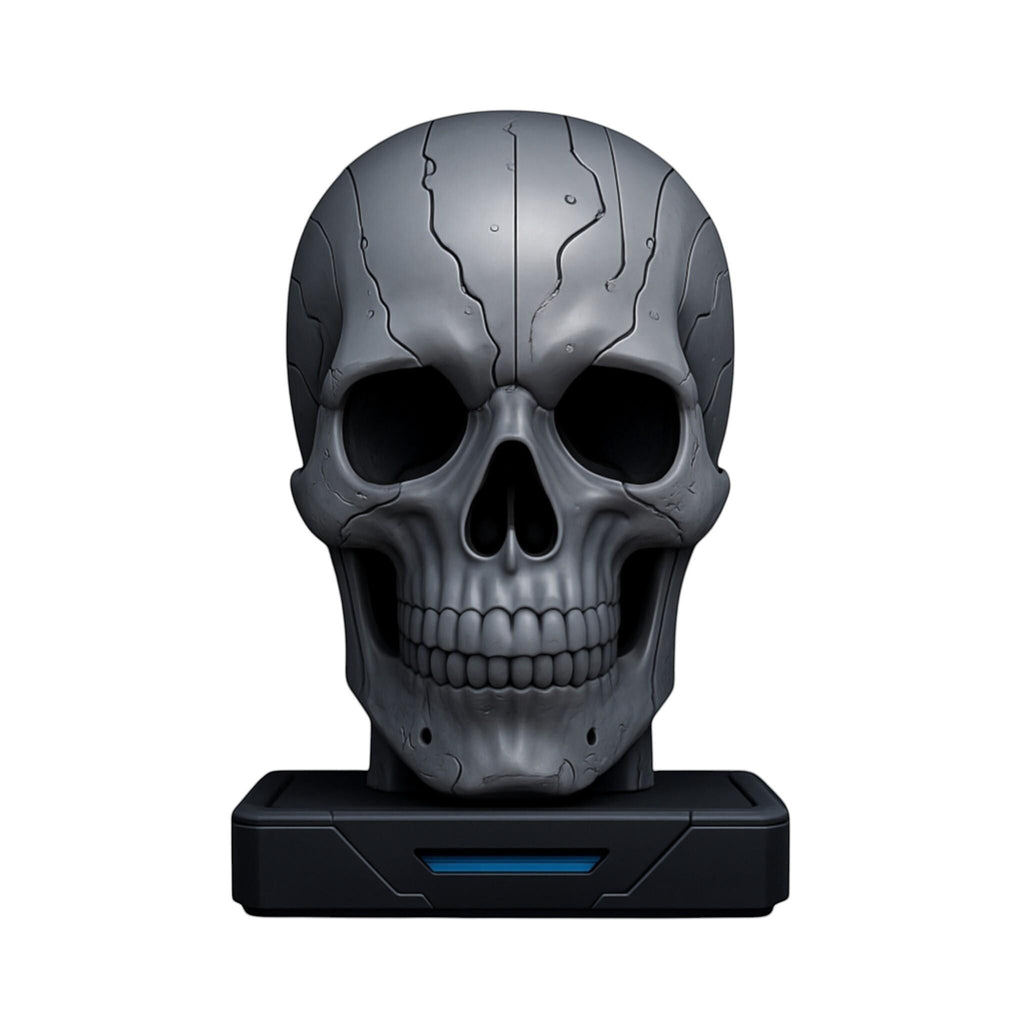 Happy3dWorld matte silver cybernetic skull headphone stand with engraved circuit patterns on a stable black base.