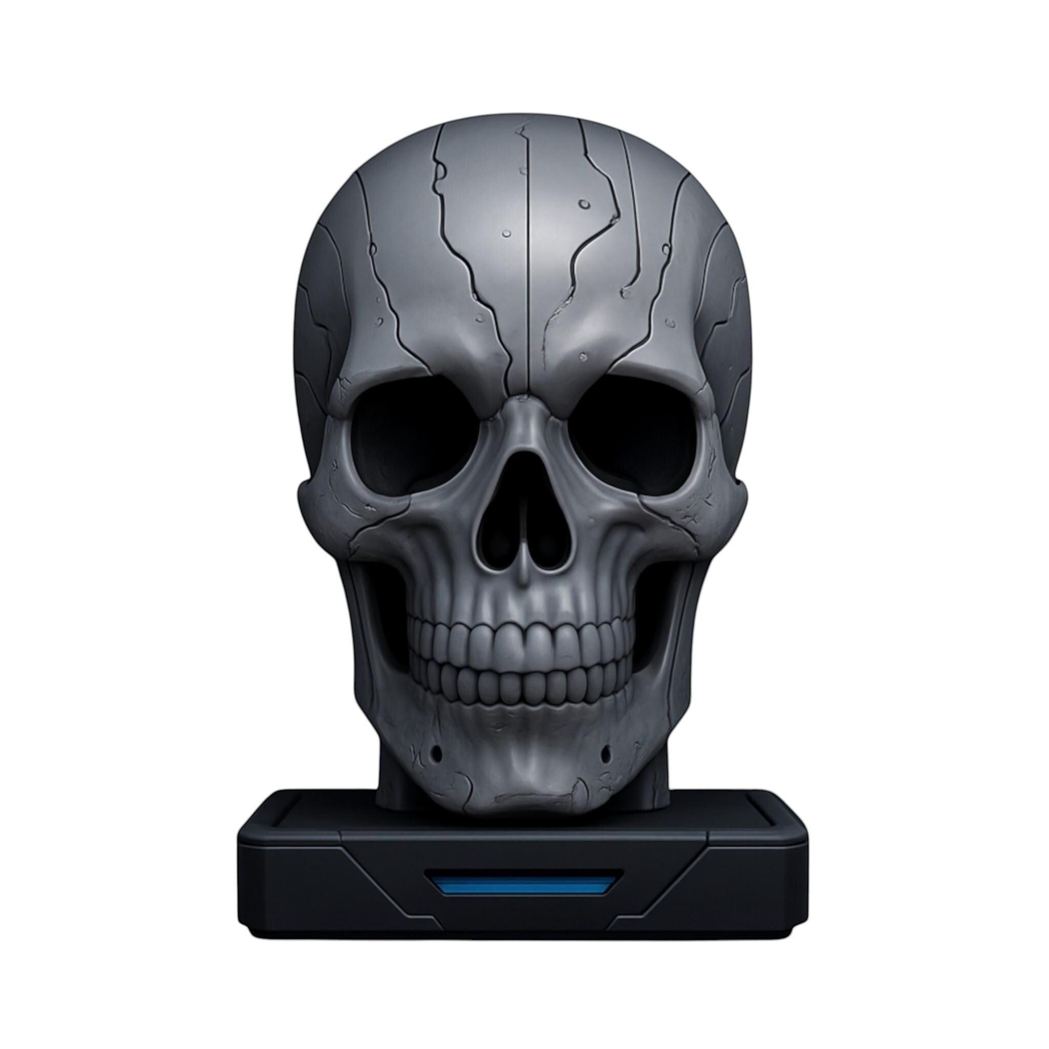 Happy3dWorld matte silver cybernetic skull headphone stand with engraved circuit patterns on a stable black base.