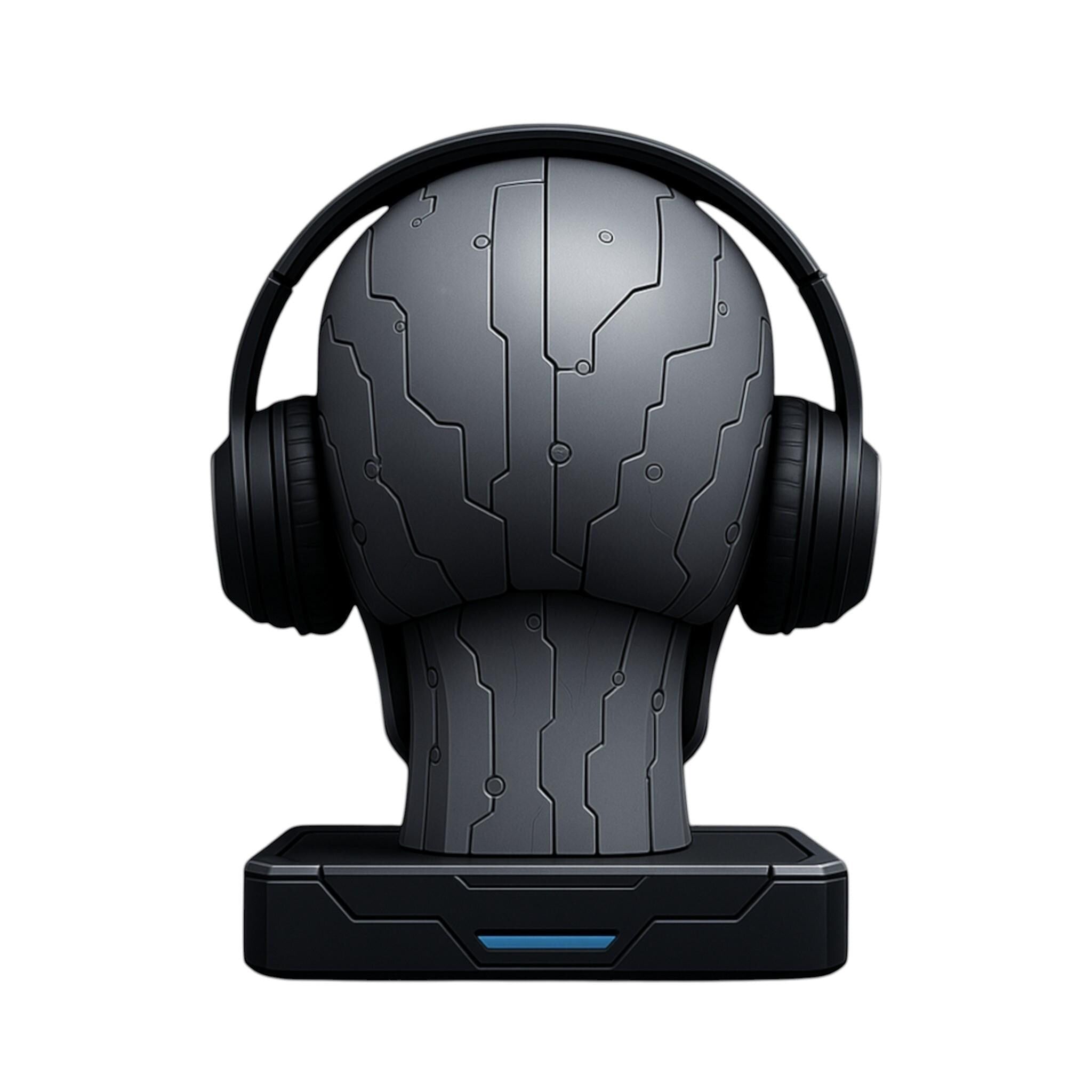Happy3dWorld matte silver cybernetic skull headphone stand with black gaming headset on a stable rectangular base