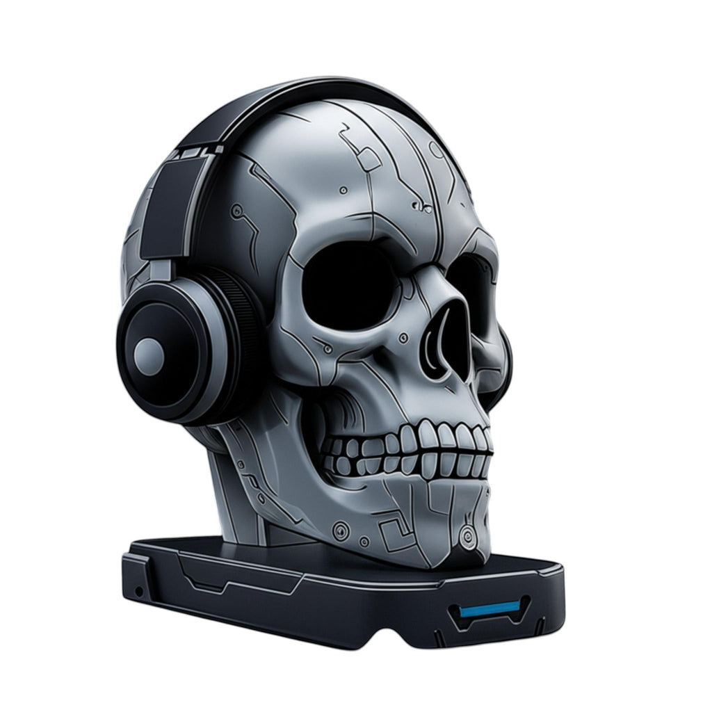 Happy3dWorld matte silver cybernetic skull headphone stand with engraved circuit patterns and a stable base.