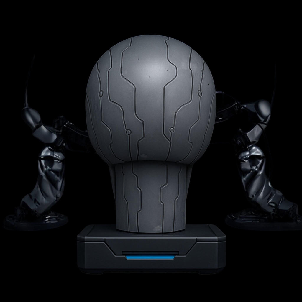 Happy3dWorld matte silver cybernetic skull headphone stand with engraved circuit patterns and a stable blue-accented base.