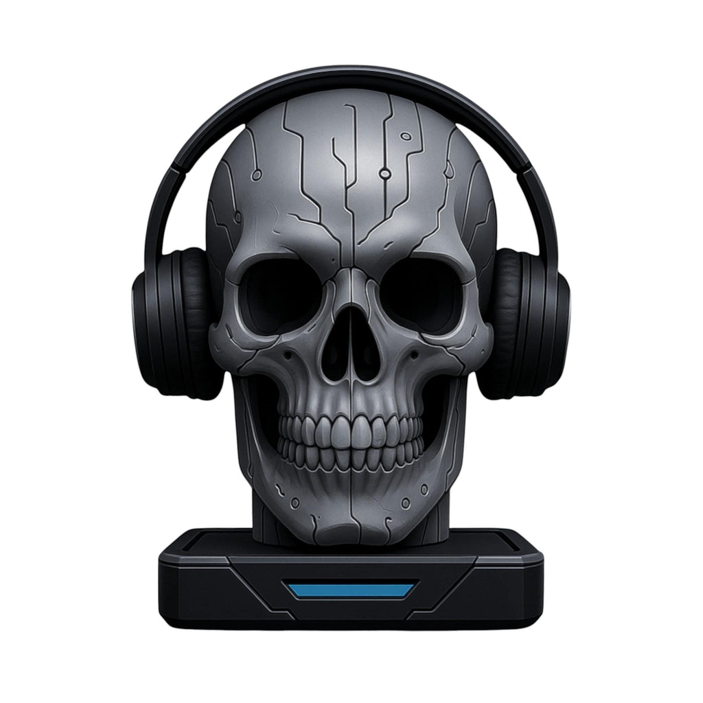 Happy3dWorld matte silver cybernetic skull headphone stand with engraved circuit patterns and a stable black base