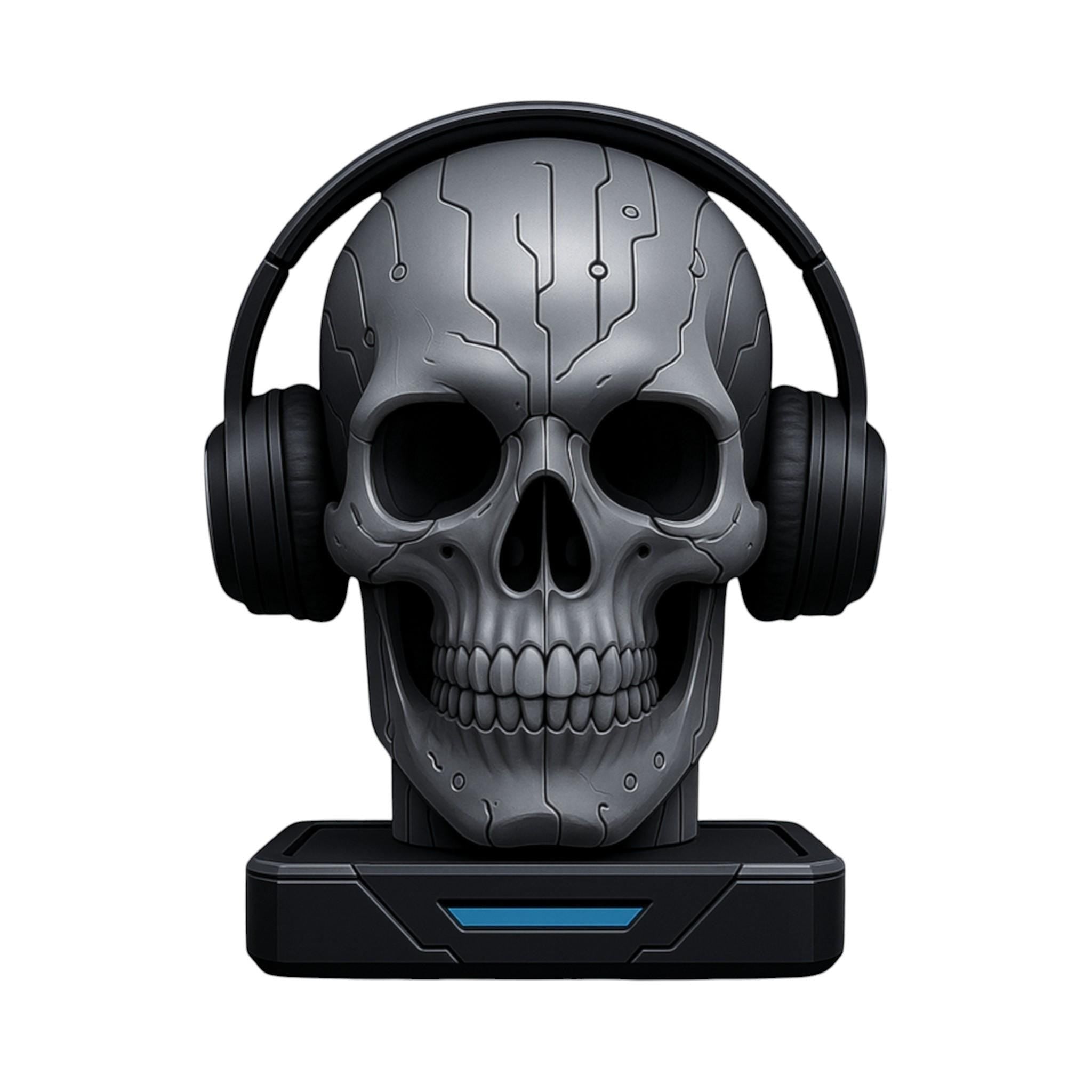 Happy3dWorld matte silver cybernetic skull headphone stand with engraved circuit patterns and a stable black base