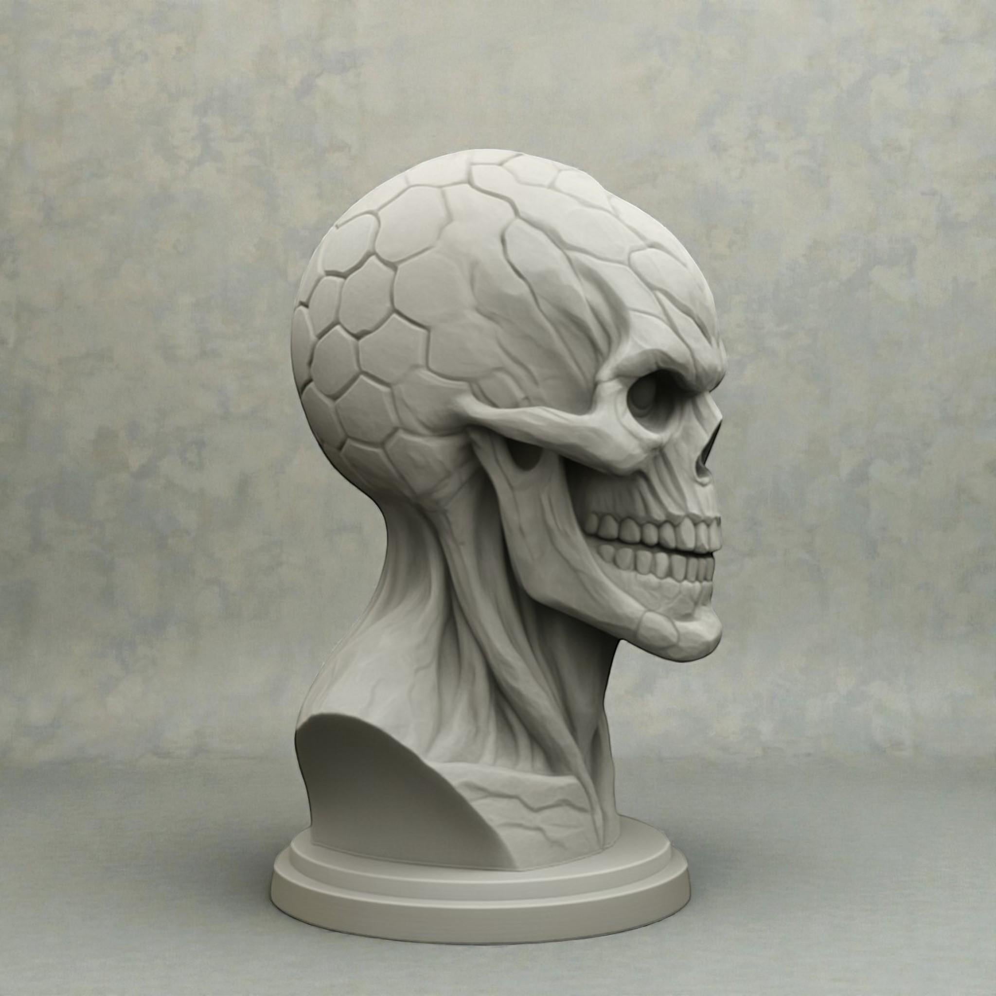 Happy3dWorld cyberpunk skull headphone stand made of grey PLA with mechanical hexagonal patterns for gaming desks.