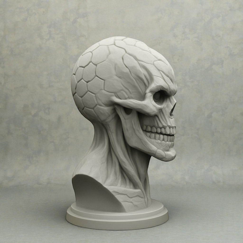 Happy3dWorld cyberpunk skull headset holder with mechanical honeycomb textures on a grey desktop display stand.