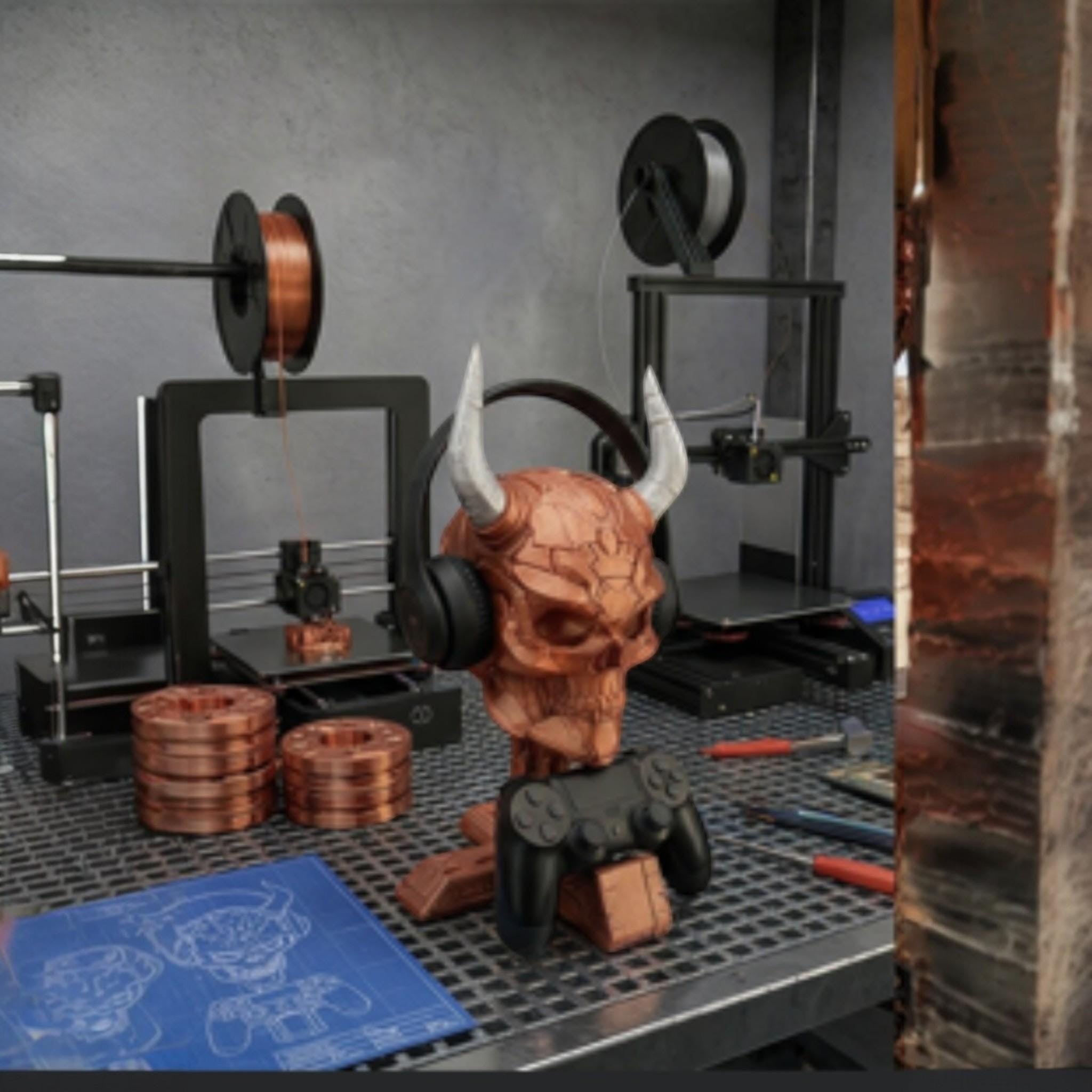 Happy3dWorld cyberpunk horned skull headset and controller stand with a metallic copper finish on a workshop desk.