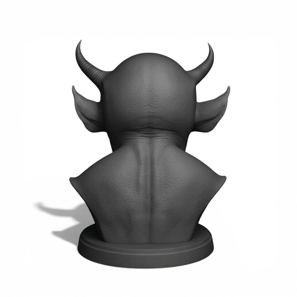 Happy3dWorld matte black 3D printed demon bust headphone stand viewed from the back showing textured skin and horns