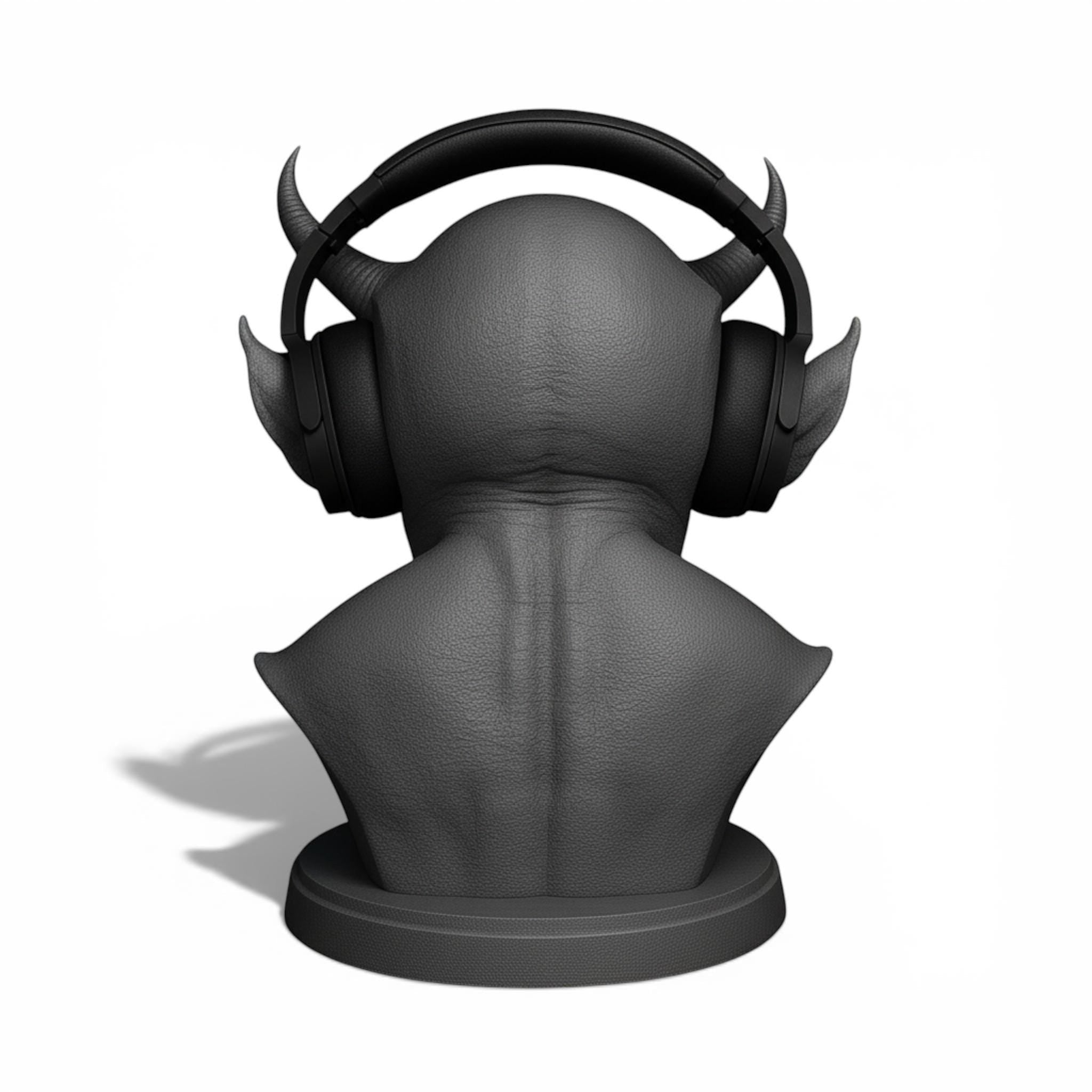 Happy3dWorld matte black 3D-printed demon bust headphone stand holding a gaming headset from the back view.