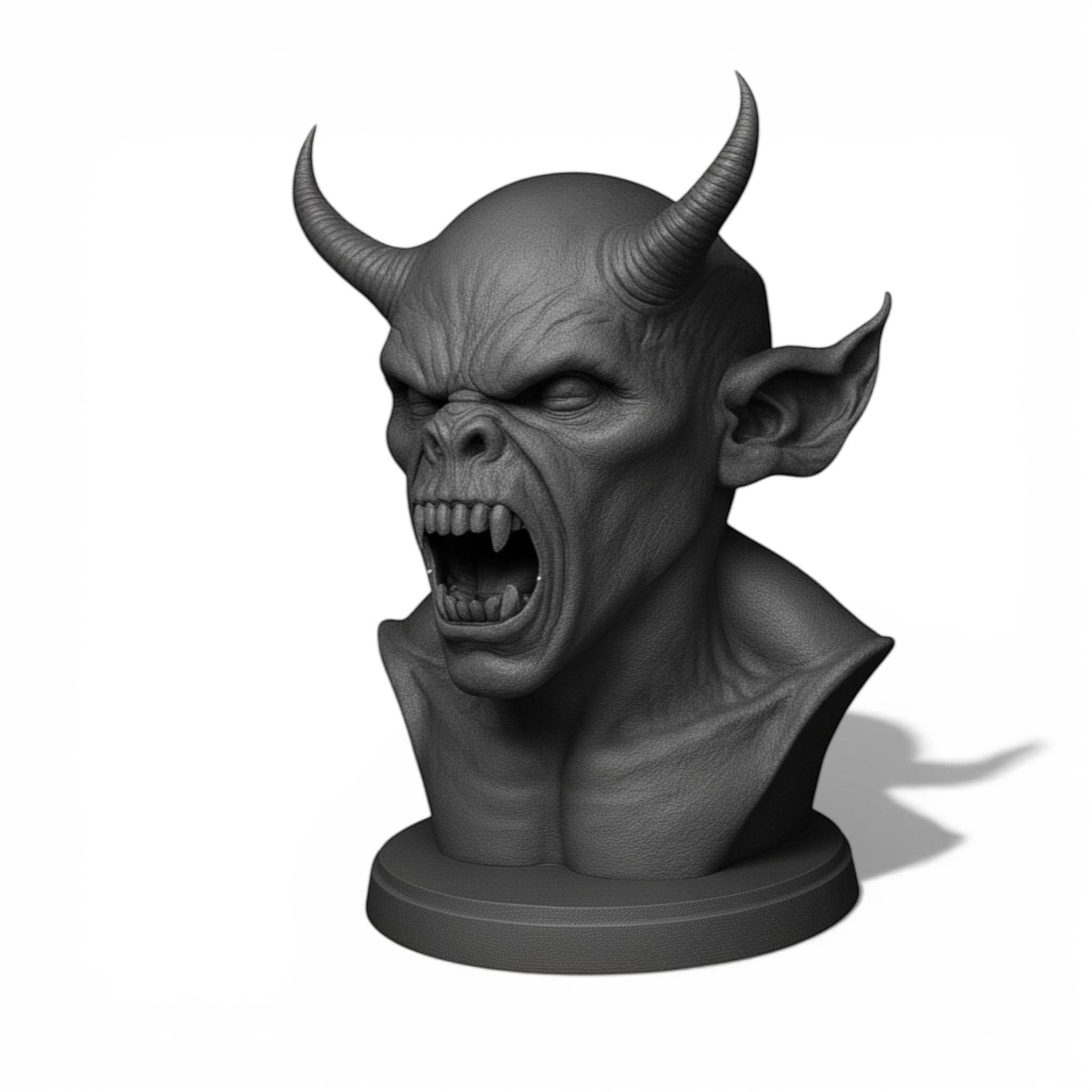 Happy3dWorld matte black 3D printed demon bust headphone stand with sharp horns and aggressive gothic features