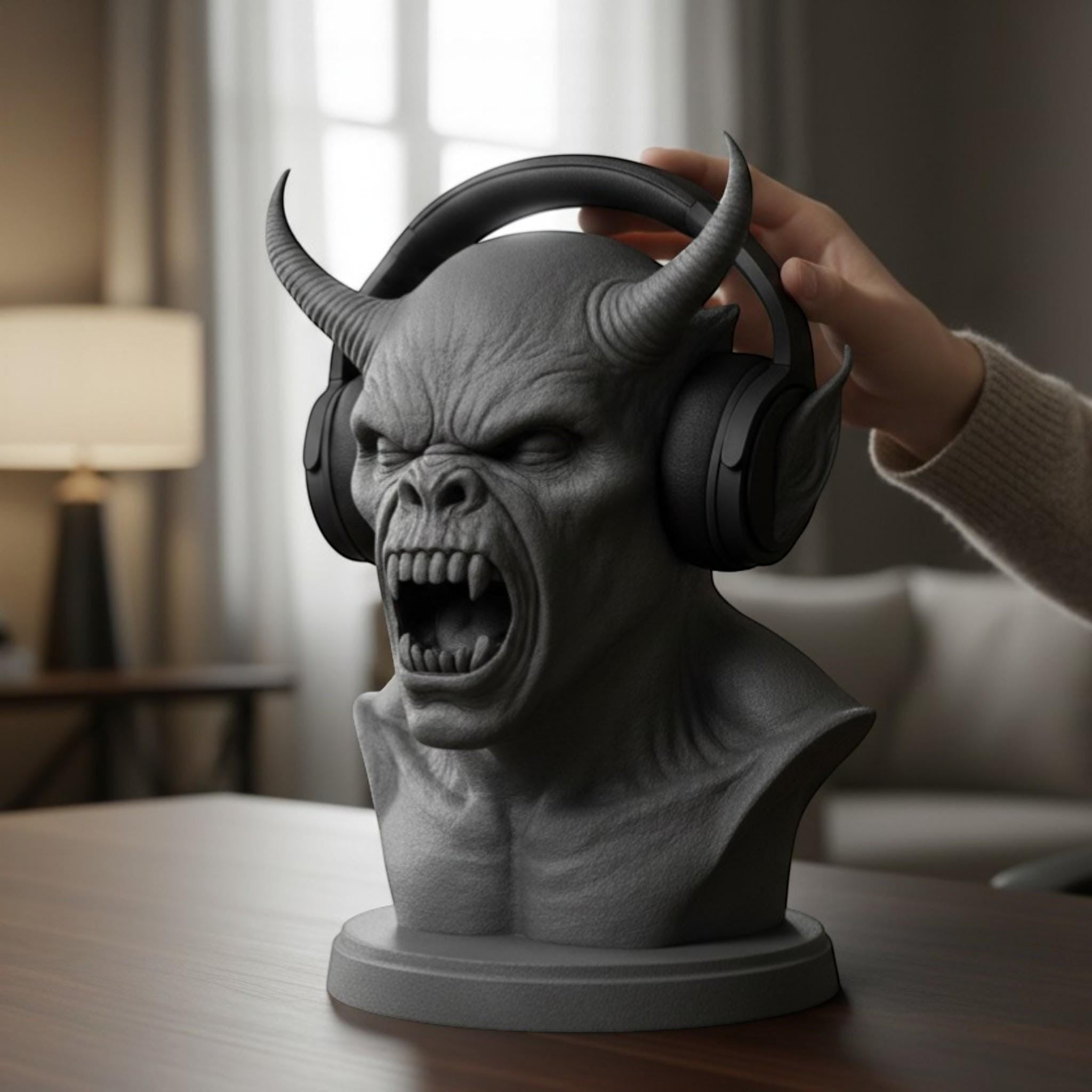 Happy3dWorld matte gray 3D-printed demon bust headphone stand holding a black gaming headset on a wooden desk