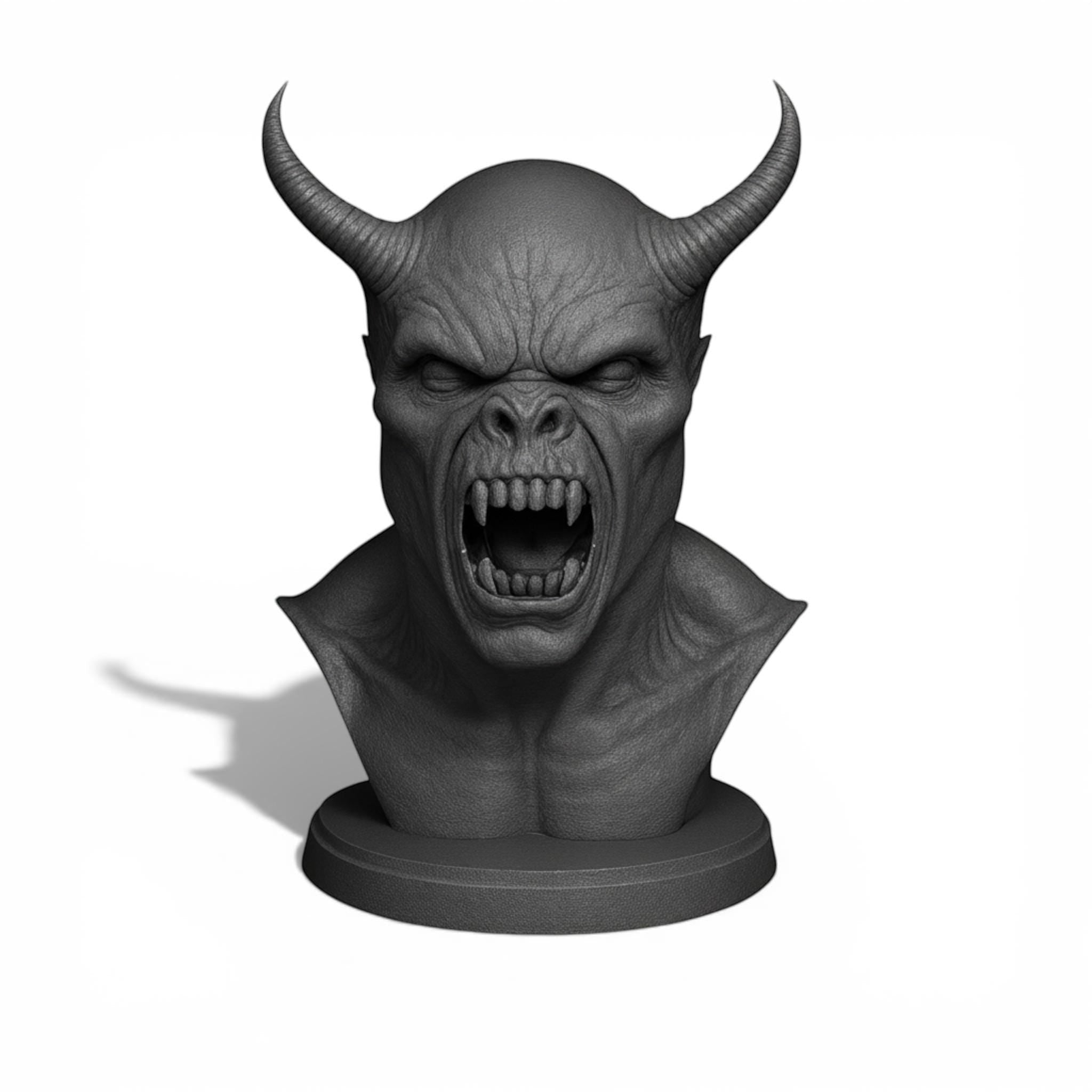 Happy3dWorld matte black 3D printed demon bust headphone stand with sharp horns and aggressive expression