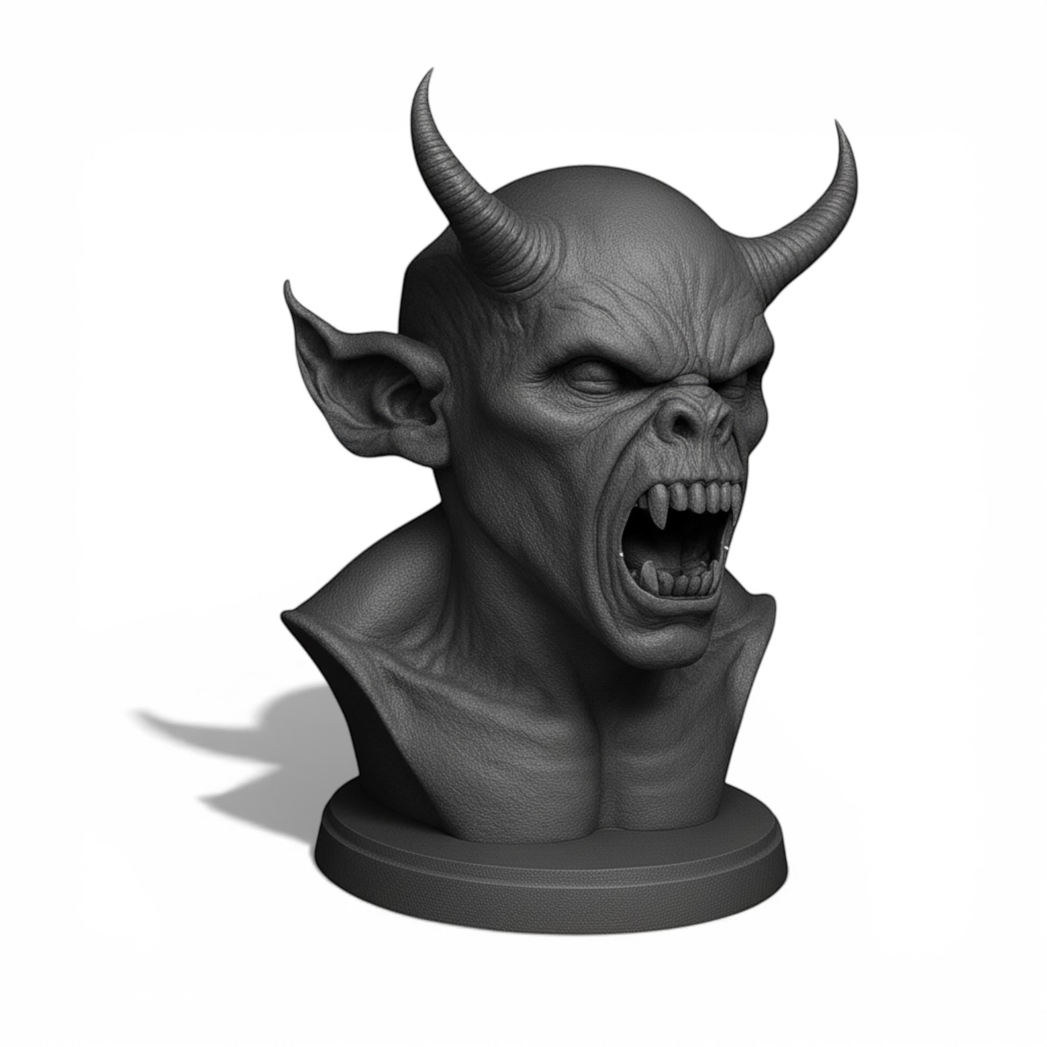 Happy3dWorld matte black 3D printed demon bust headphone stand with sharp horns and aggressive gothic features.