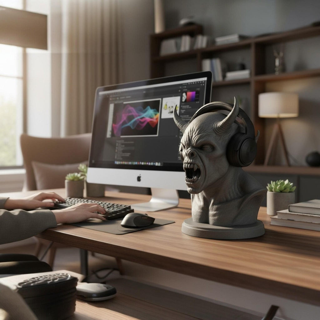 Happy3dWorld grey demon bust headphone stand holding a black headset on a wooden desk in a home office