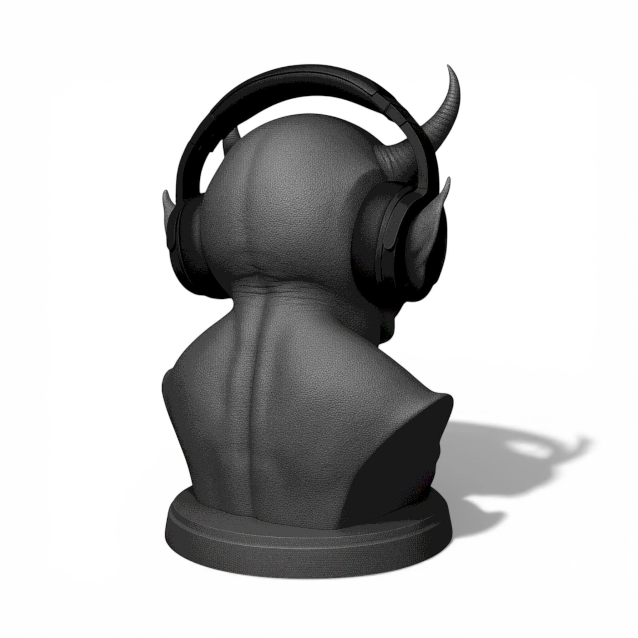 Happy3dWorld matte black 3D printed demon bust headphone stand holding a gaming headset from the back view