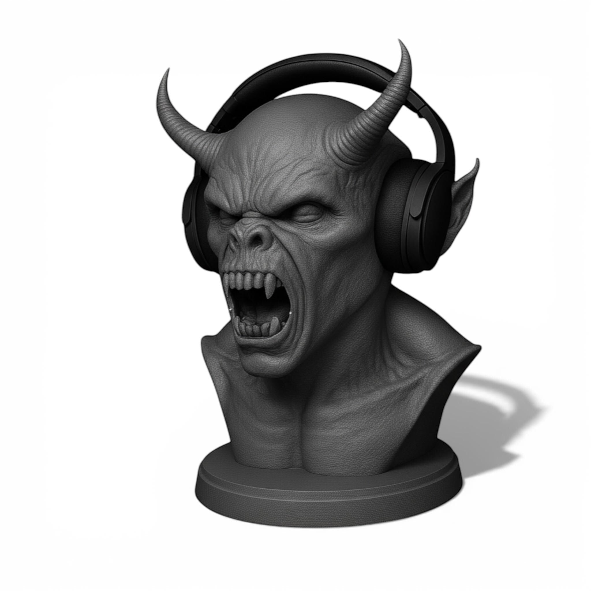 Happy3dWorld matte black 3D printed demon bust headphone stand with sharp horns and aggressive expression