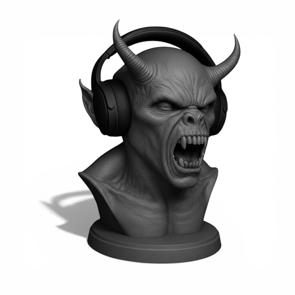 Happy3dWorld matte black 3D printed demon bust headphone stand with sharp horns and aggressive expression