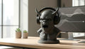 Happy3dWorld matte black 3D printed demon bust headphone stand holding gaming headset on a wooden desk