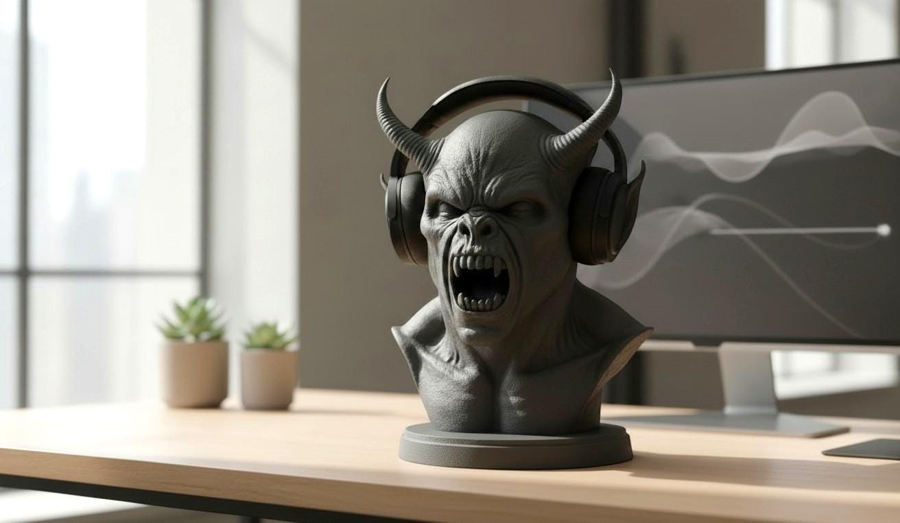Happy3dWorld matte black 3D printed demon bust headphone stand holding gaming headset on a wooden desk