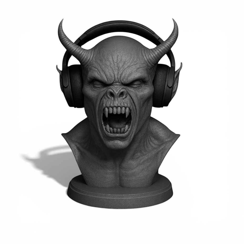 Happy3dWorld matte black 3D printed demon bust headphone stand with sharp horns and aggressive expression