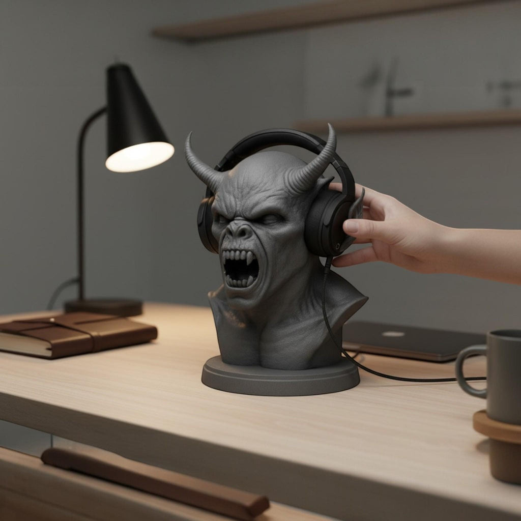 Happy3dWorld grey demon bust headphone stand holding black gaming headset on a wooden desk in a home office setting