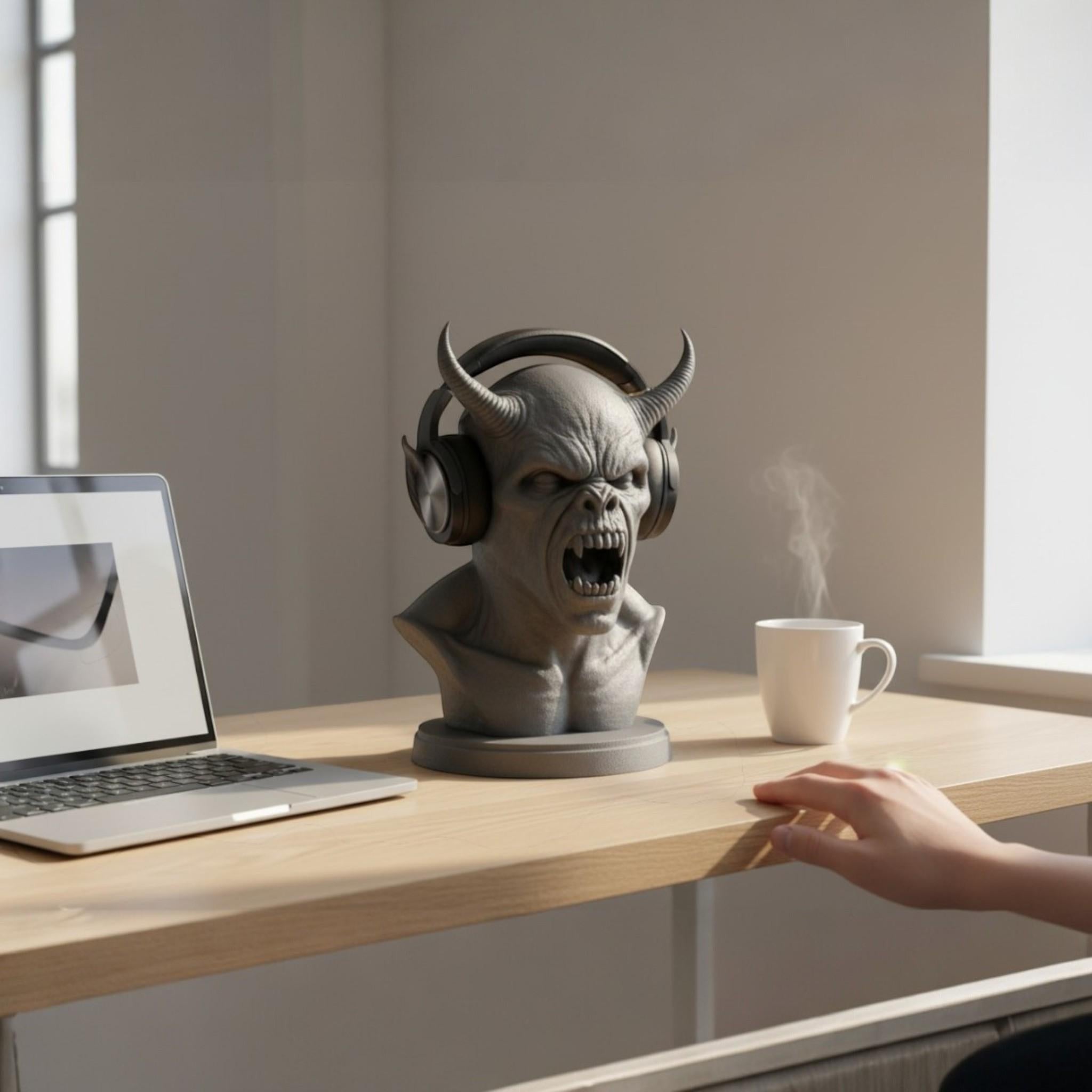 Happy3dWorld gray 3D-printed demon bust headphone stand holding black gaming headset on a wooden desk.