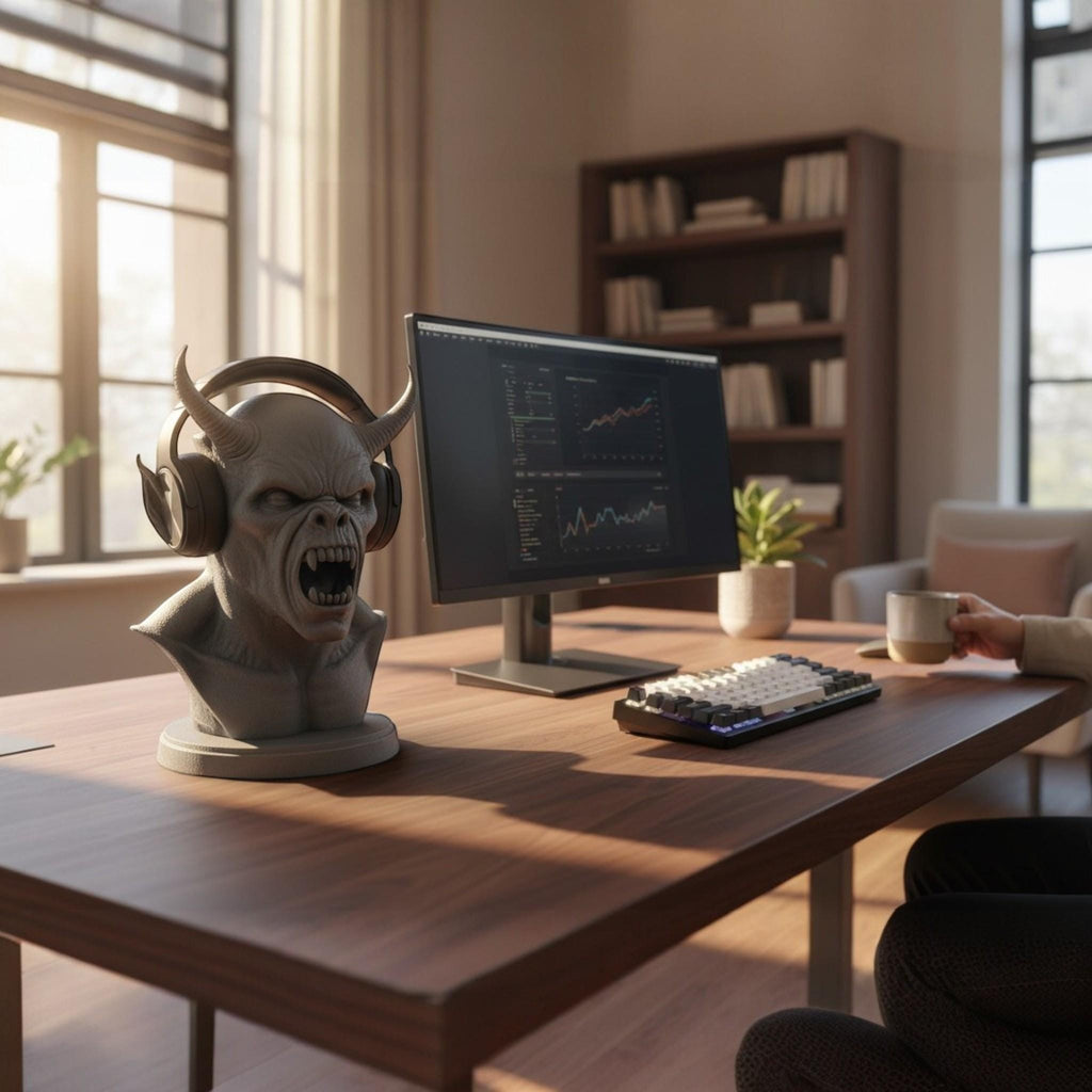 Happy3dWorld grey demon bust headphone stand holding gaming headset on a wooden desk in a home office