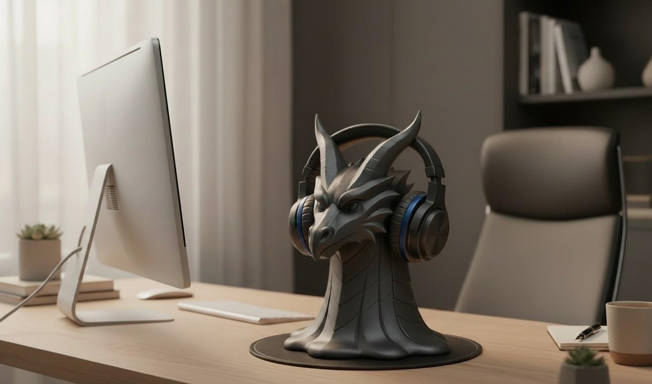 Happy3dWorld matte black 3D printed dragon head headphone stand holding over-ear headset on a wooden desk