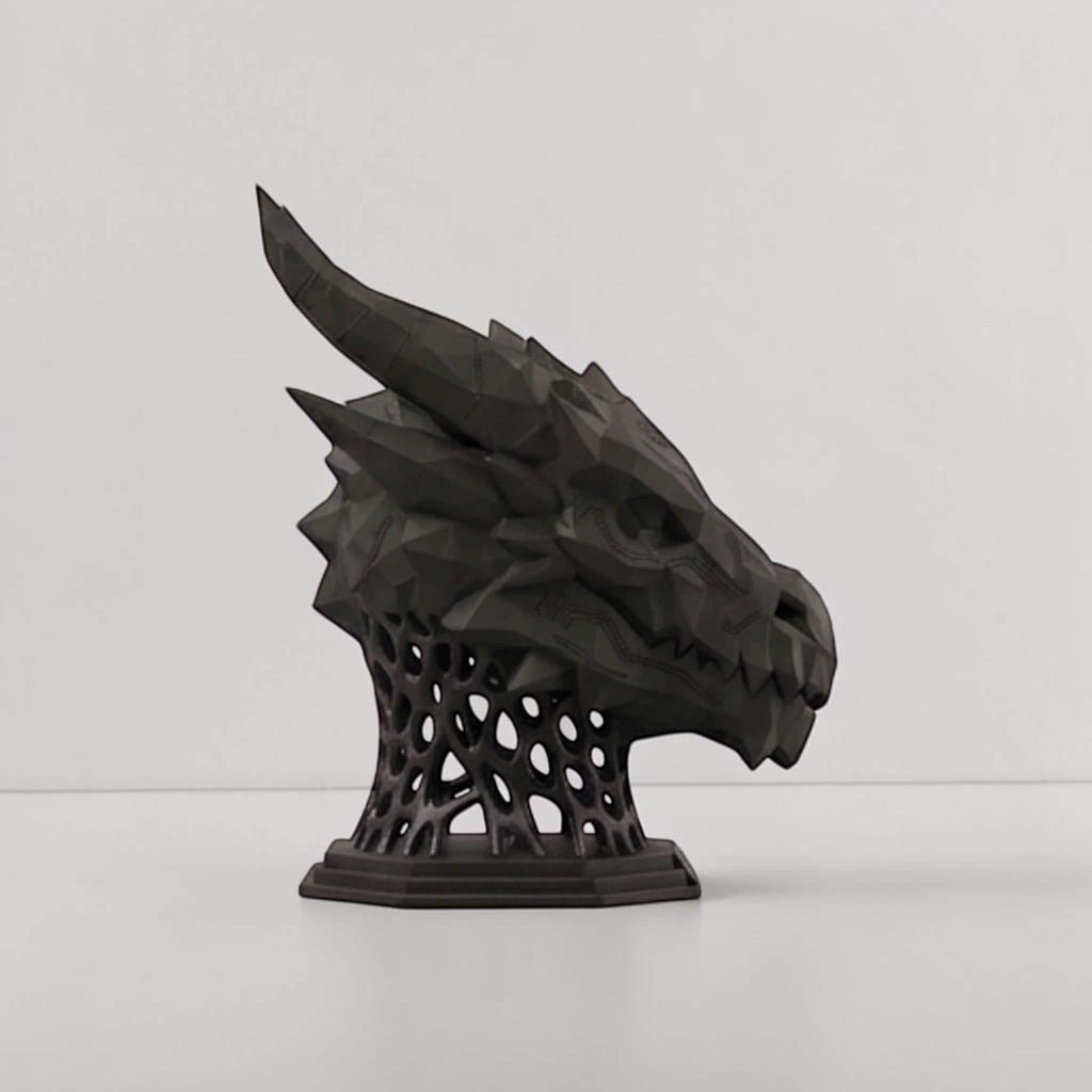Happy3dWorld matte black 3D printed dragon headset stand with geometric low-poly design for gaming desk organization