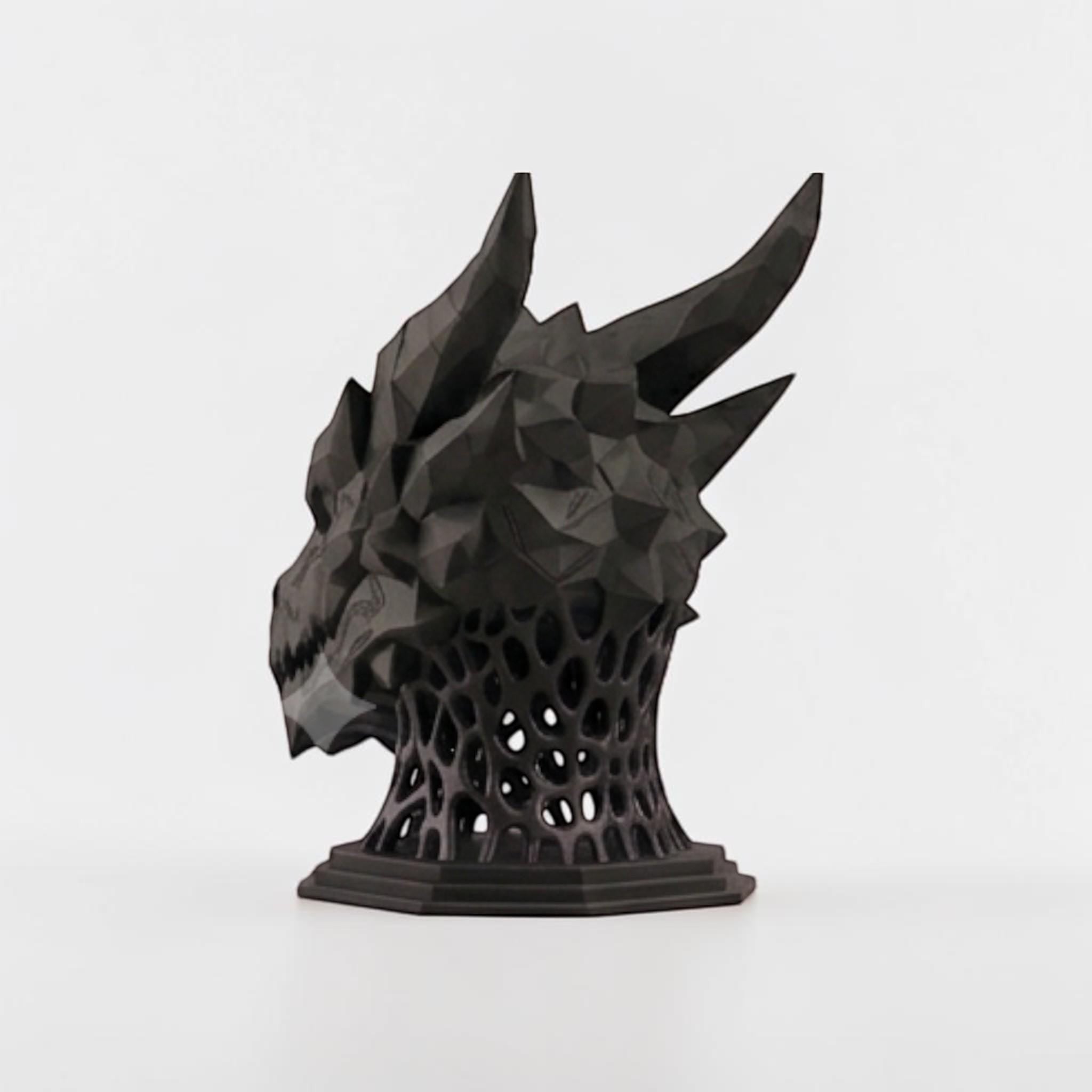 Happy3dWorld matte black 3D printed dragon headset stand with geometric low-poly design and lattice base for gaming desks