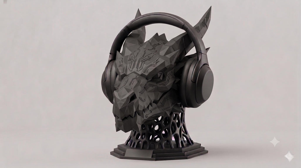 Happy3dWorld matte black 3D printed dragon headset stand with geometric sci-fi mechanical details for gaming setups.