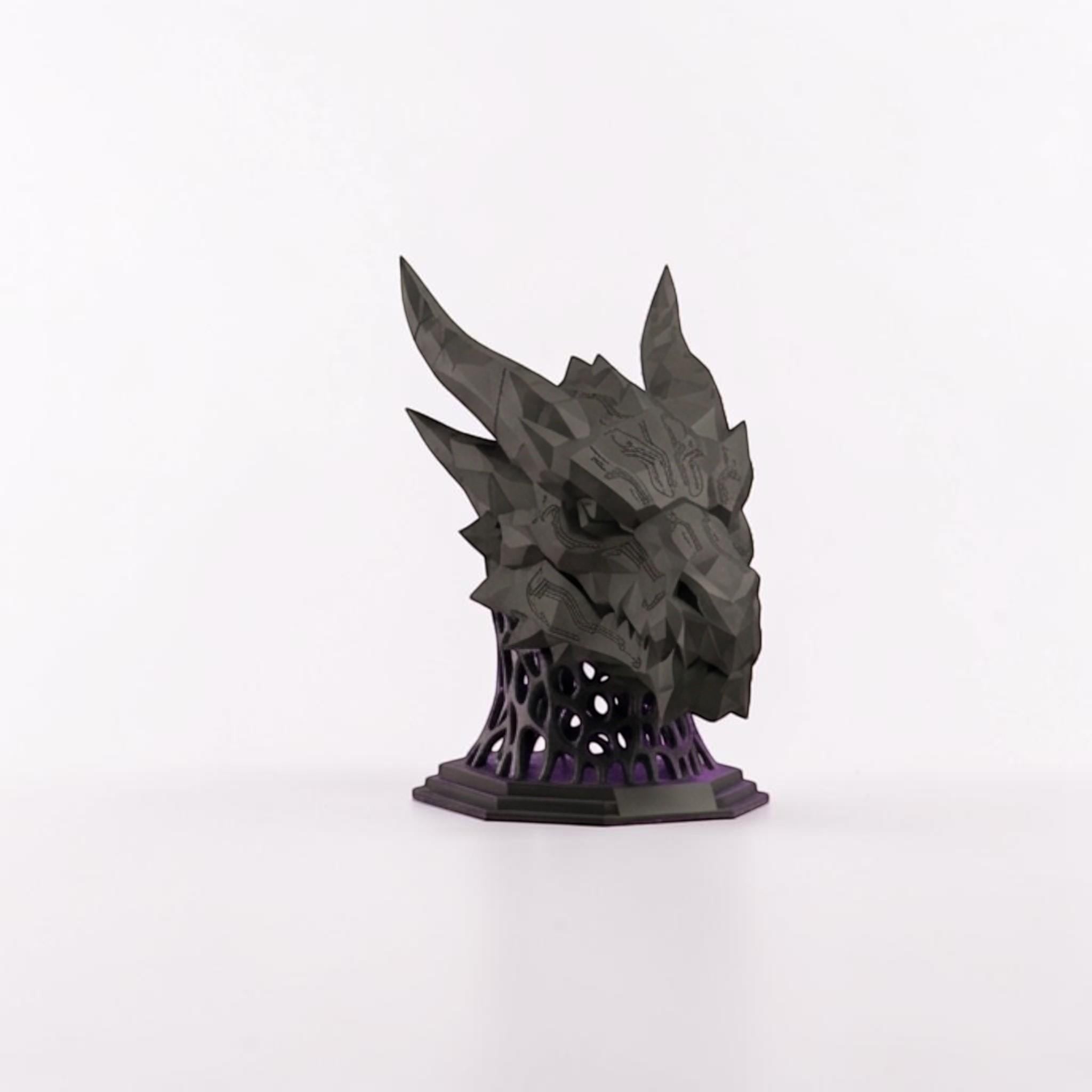 Happy3dWorld matte black 3D printed dragon headset stand with geometric low-poly design and purple lattice base.