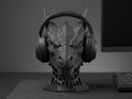 Happy3dWorld matte black 3D printed dragon headset stand with geometric sci-fi design holding gaming headphones