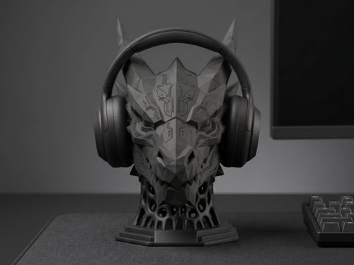 Happy3dWorld matte black 3D printed dragon headset stand with geometric sci-fi design holding gaming headphones