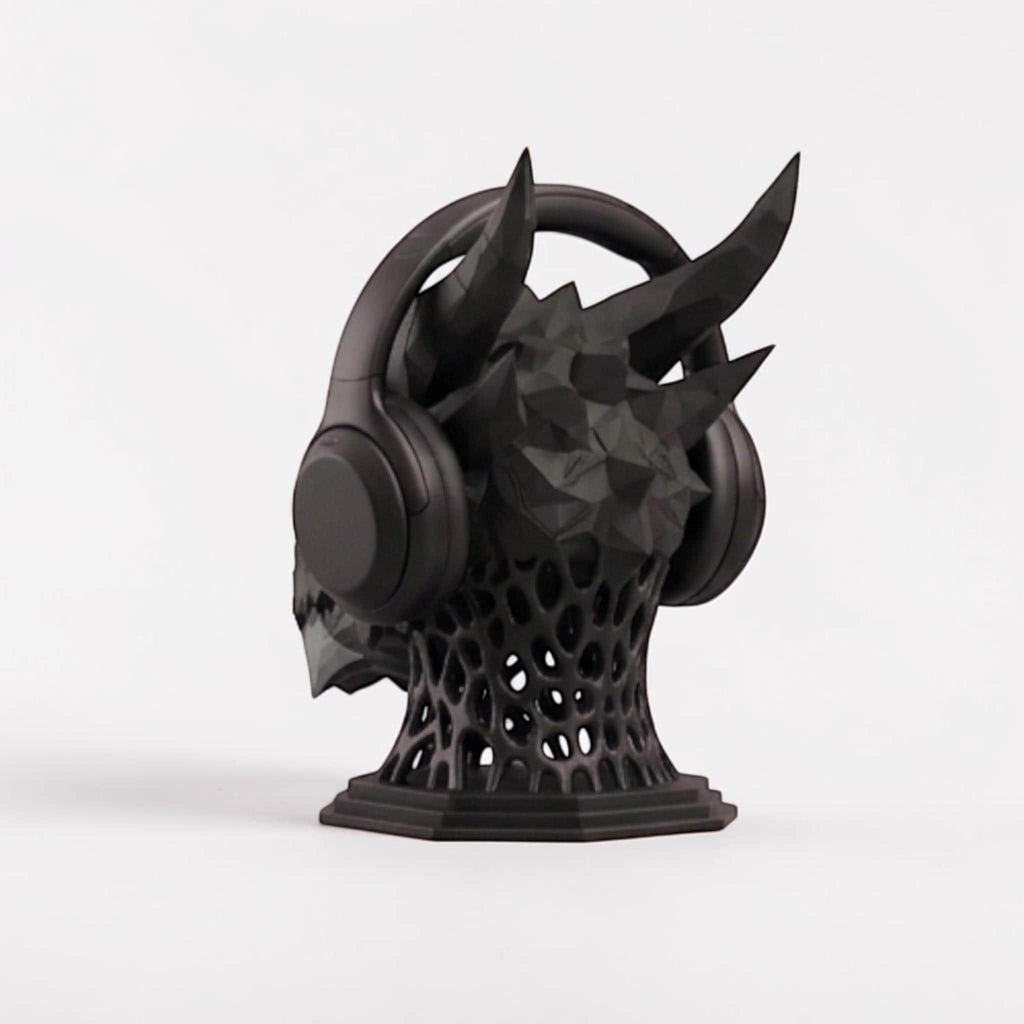 Happy3dWorld matte black 3D printed dragon headset stand with geometric low-poly design for gaming desk organization