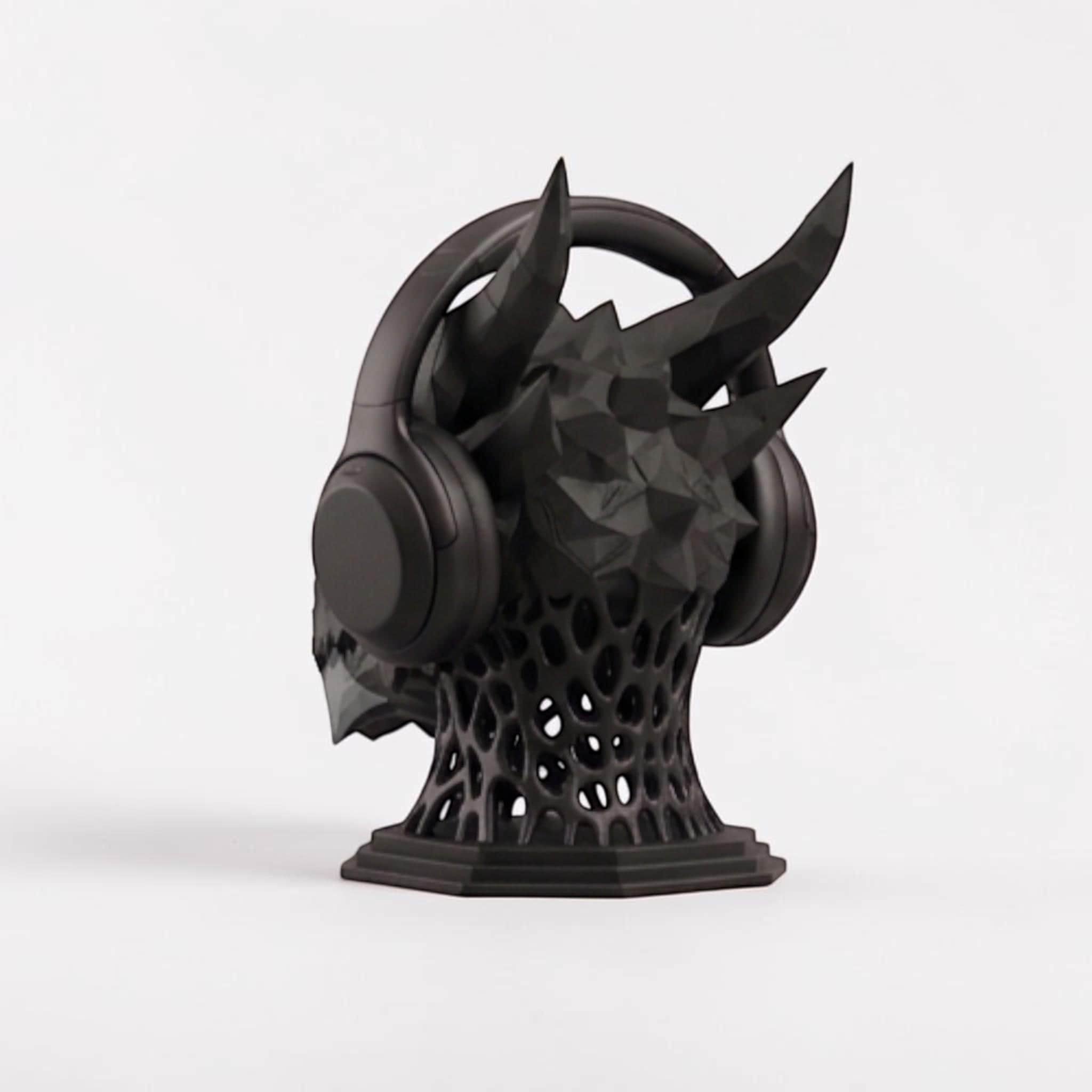 Happy3dWorld matte black 3D printed dragon headset stand with geometric low-poly design for gaming desk organization