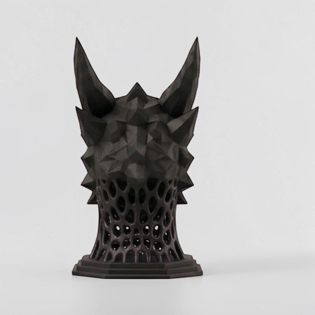 Happy3dWorld matte black 3D printed dragon headset stand with geometric low-poly design for gaming desk organization.