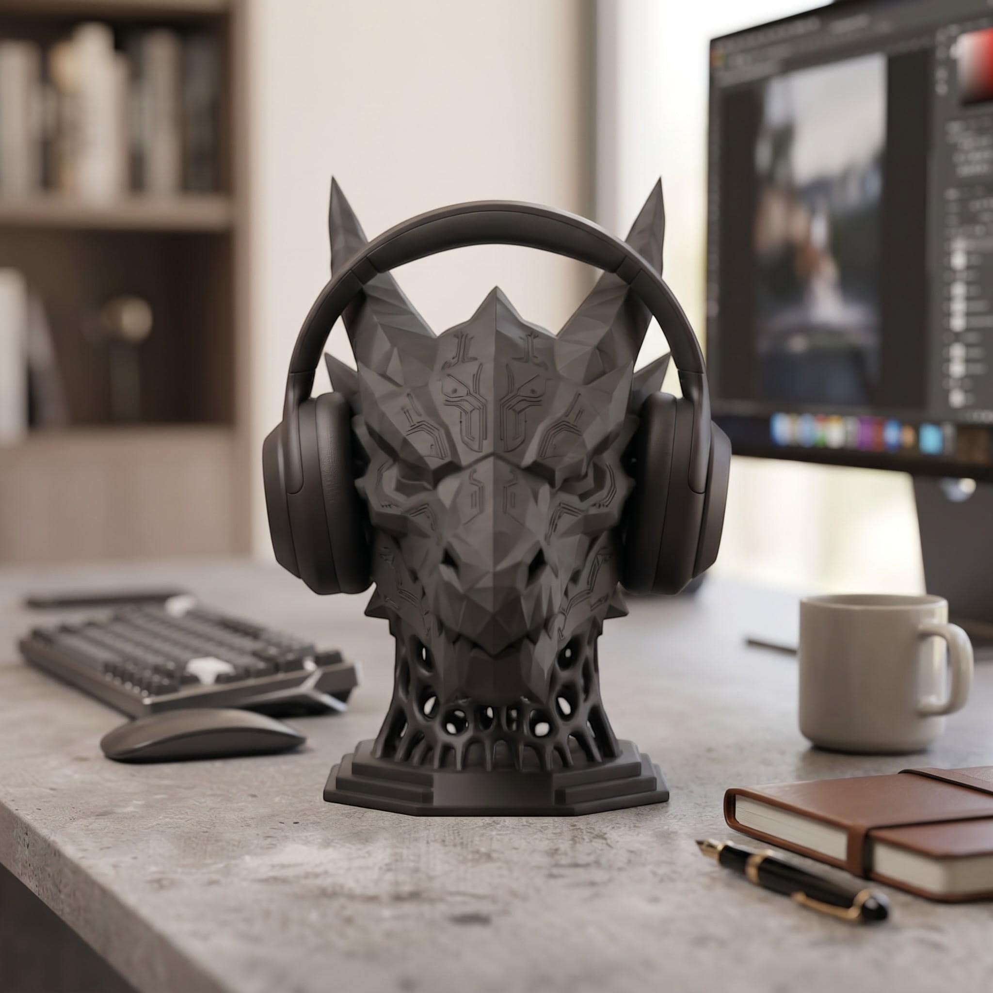 Happy3dWorld matte black 3D printed dragon headset stand with geometric sci-fi design on a modern gaming desk.