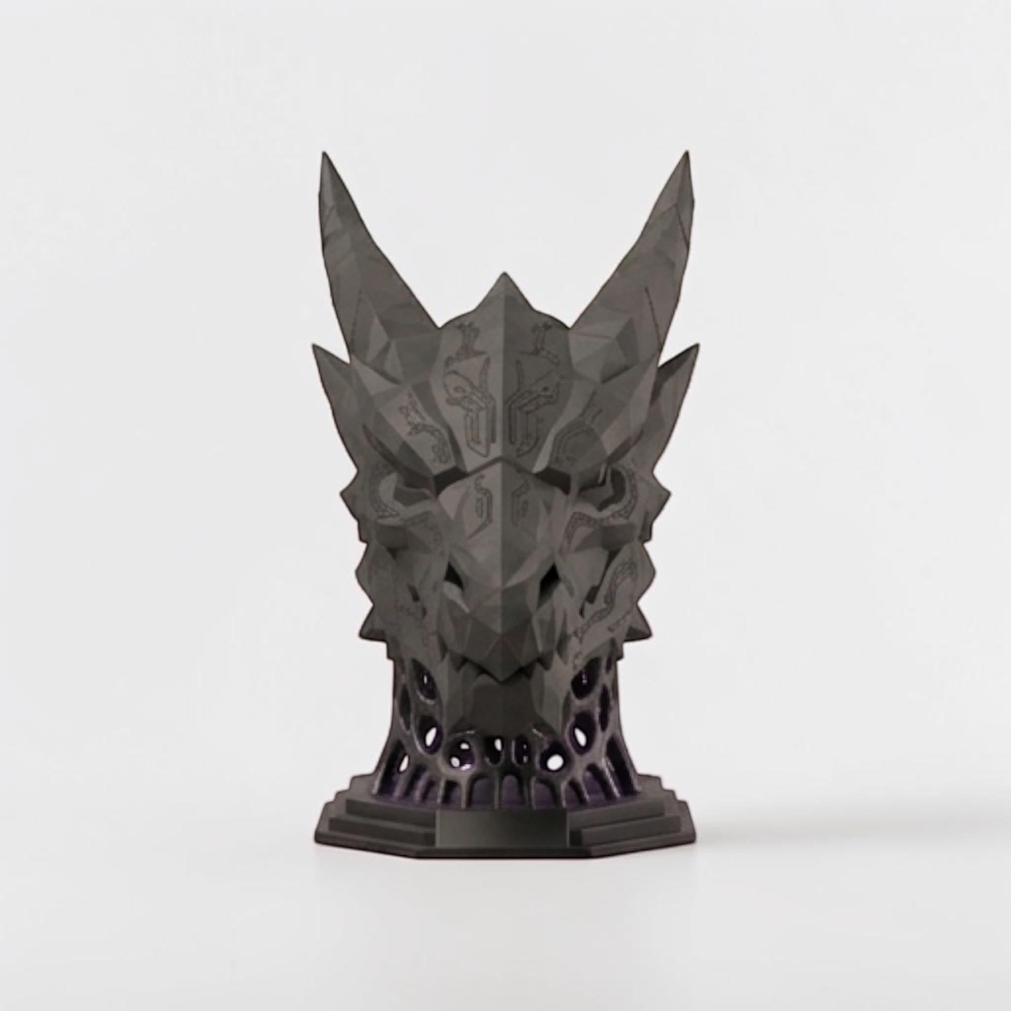 Happy3dWorld matte black 3D printed dragon headset stand with geometric low-poly design for gaming desk setups.