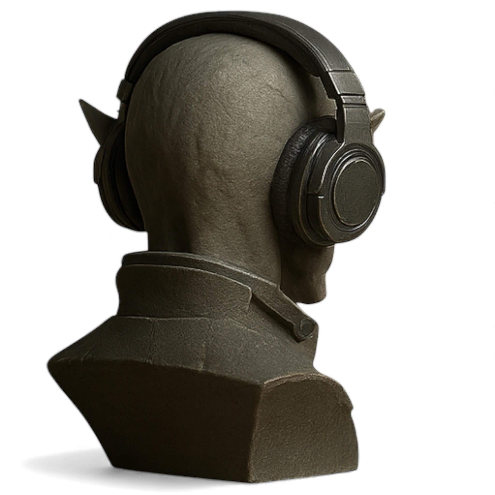 Happy3dWorld 3D printed elf bust headset stand in matte grey stone finish holding gaming headphones from behind
