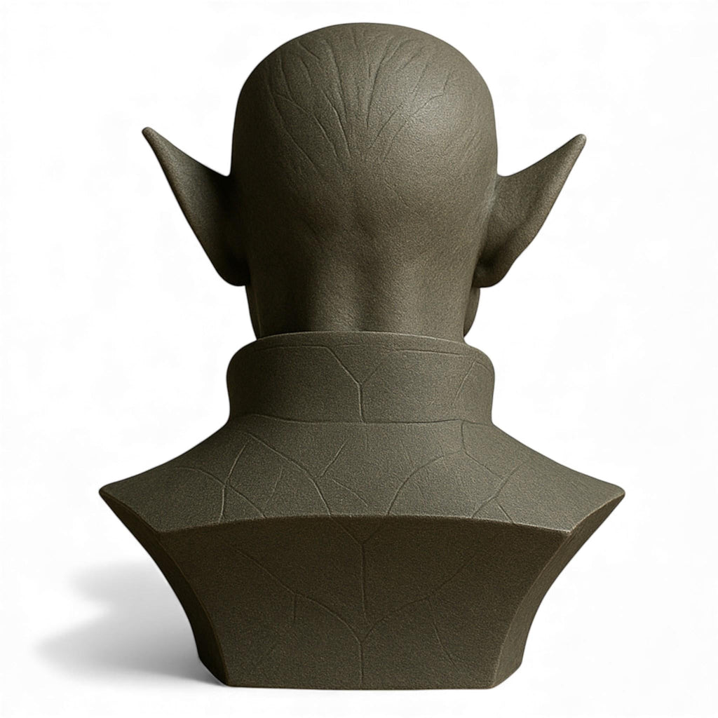 Happy3dWorld 3D printed elf bust headset stand in matte grey stone finish, back view showing detailed texture.