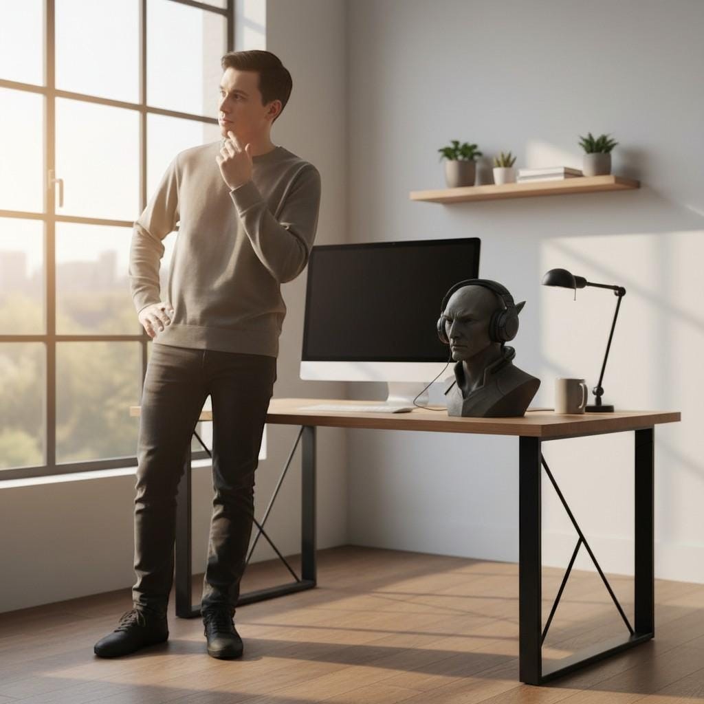 Happy3dWorld 3D printed elf bust headset stand with matte stone texture on a modern desk in a sunlit home office.